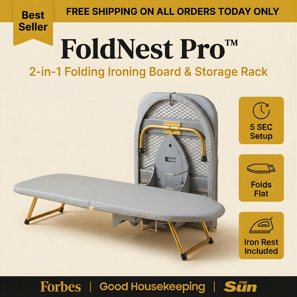FoldNest Pro™ – 2-in-1 Folding Ironing Board & Storage Rack