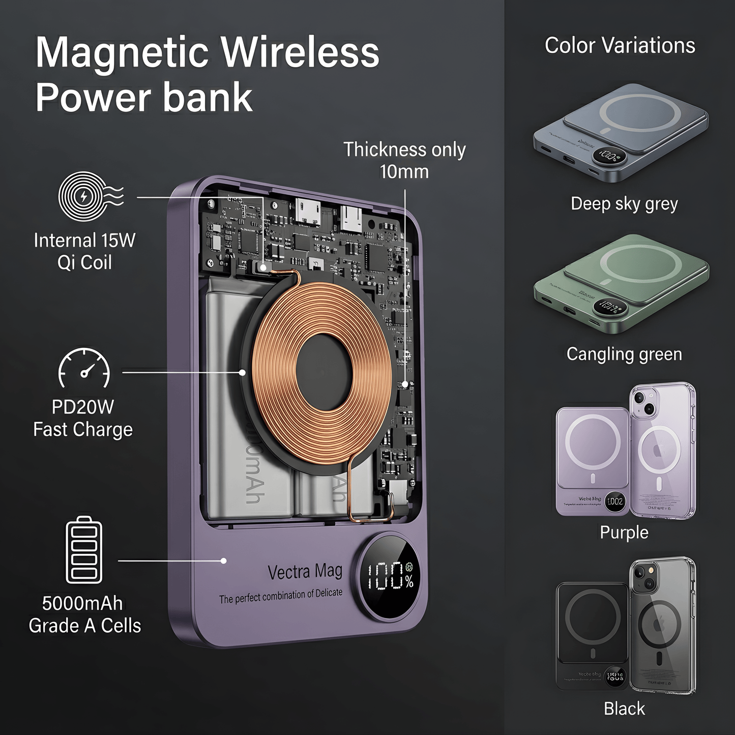 VECTRA MAG MagSafe Power Bank - 5000/10000mAh Wireless Magnetic Charger for iPhone